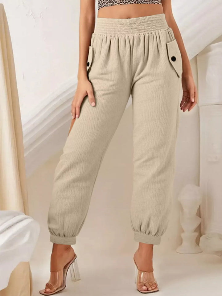 Wide-leg smocked waist casual pants in textured weave