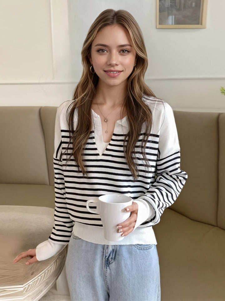 White Striped collared knit top with long sleeves
