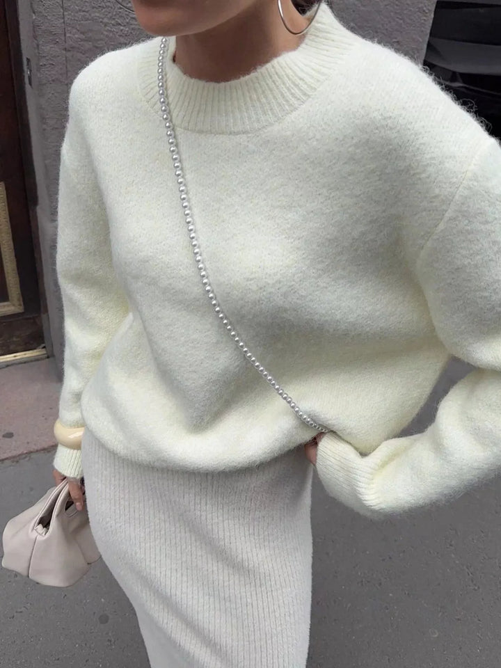 Beige Dropped shoulder brushed knit crew neck sweater