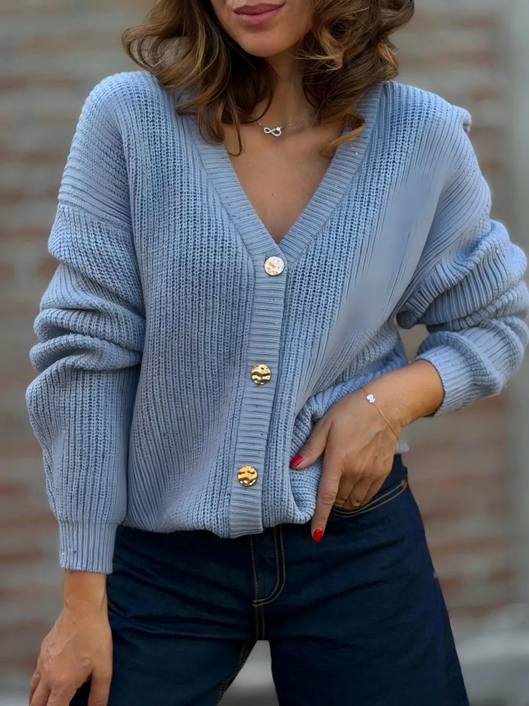 Blue Ribbed knit V-neck button-front cardigan with gold buttons