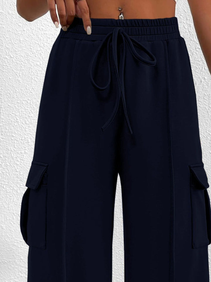 Drawstring high-waist wide-leg cargo pants with flap pockets