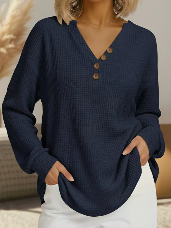 Dark Navy Waffle knit henley top with V-neck button placket