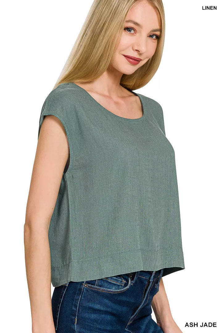 Relaxed cropped linen-blend top with cap sleeves