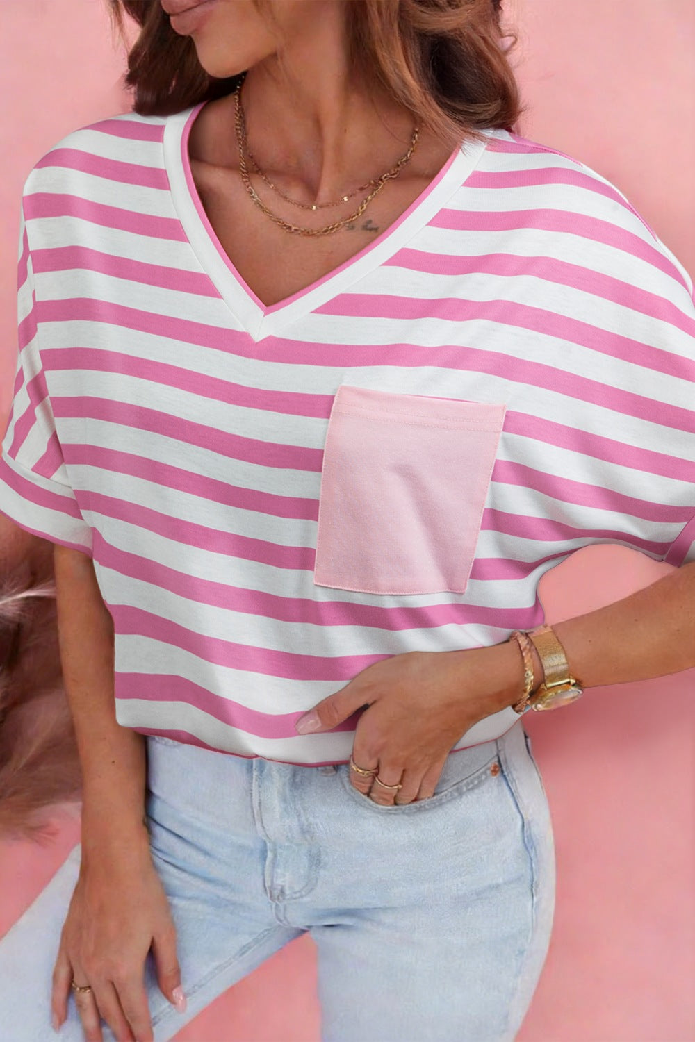 Blush Pink Striped V-neck tee with chest patch pocket