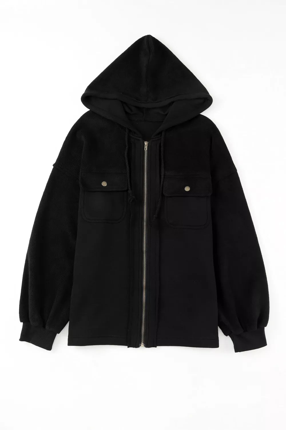 Zip-up hooded fleece jacket with flap pockets