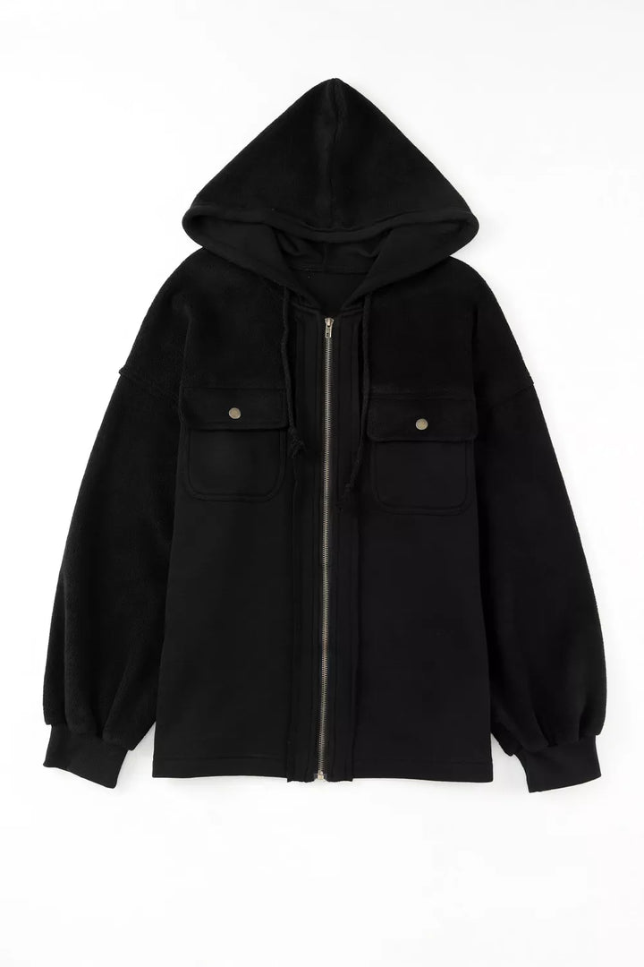 Zip-up hooded fleece jacket with flap pockets