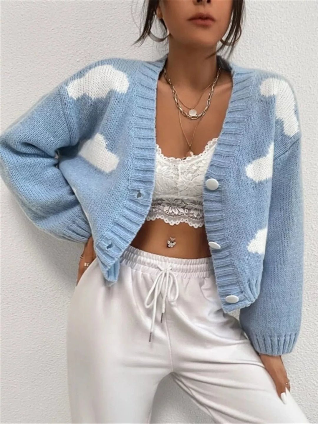 Light Blue Cropped cloud-print button-up V-neck knit cardigan