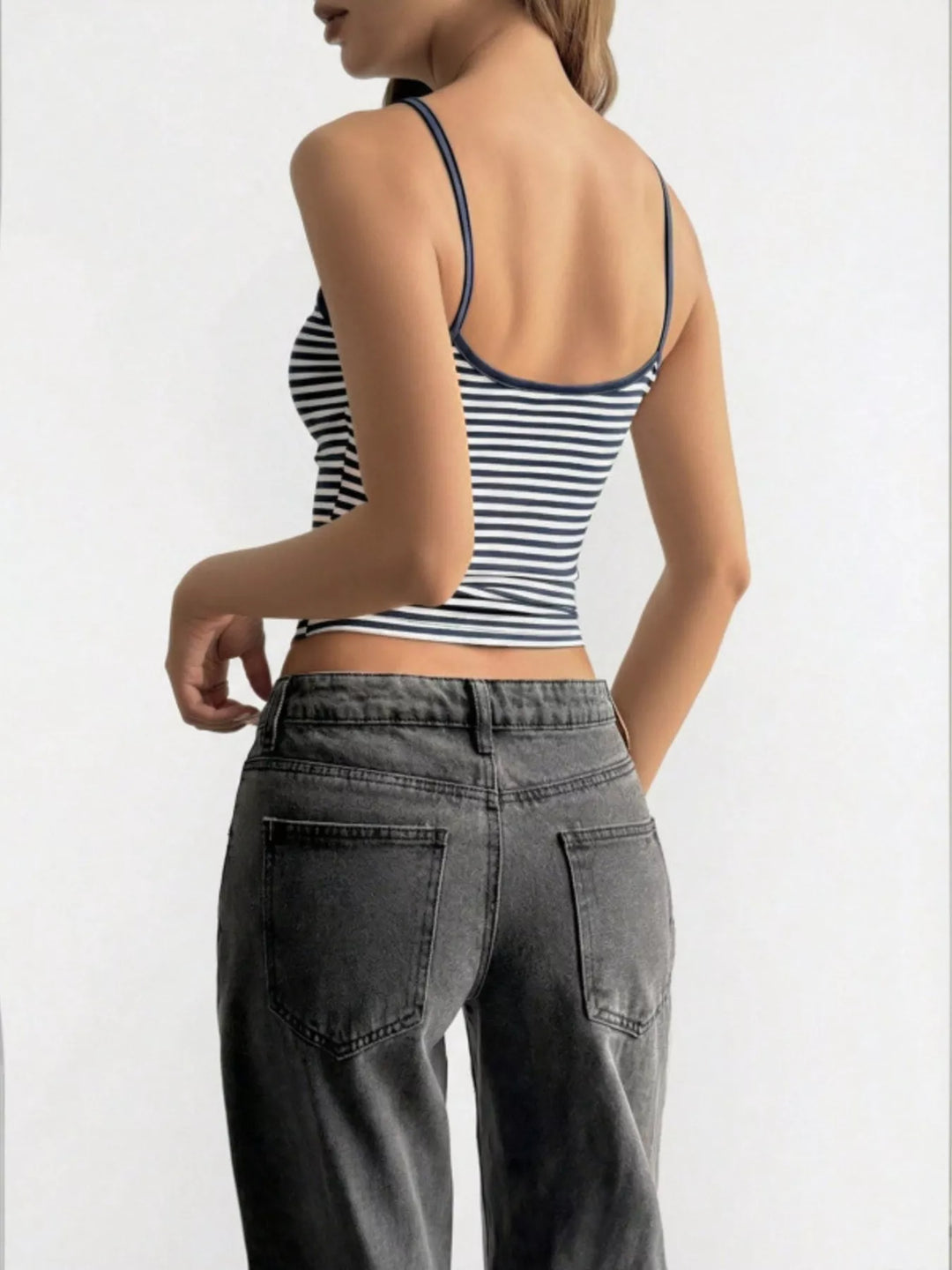 Striped spaghetti strap scoop neck crop cami