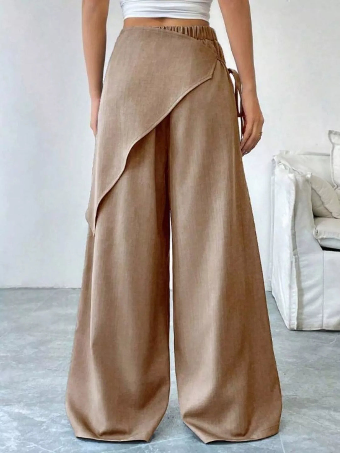 High-rise wrap-front wide-leg pants with drawstring tie