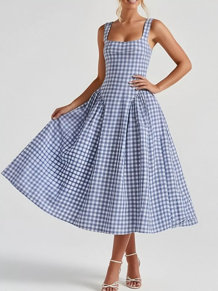 Dusty Blue Plaid square-neck sleeveless fit-and-flare midi dress