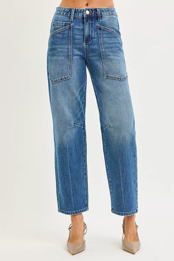 Mid-rise barrel leg jeans with front patch pockets