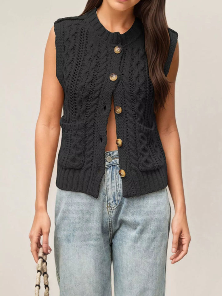 Cable knit button-down sweater vest with patch pockets