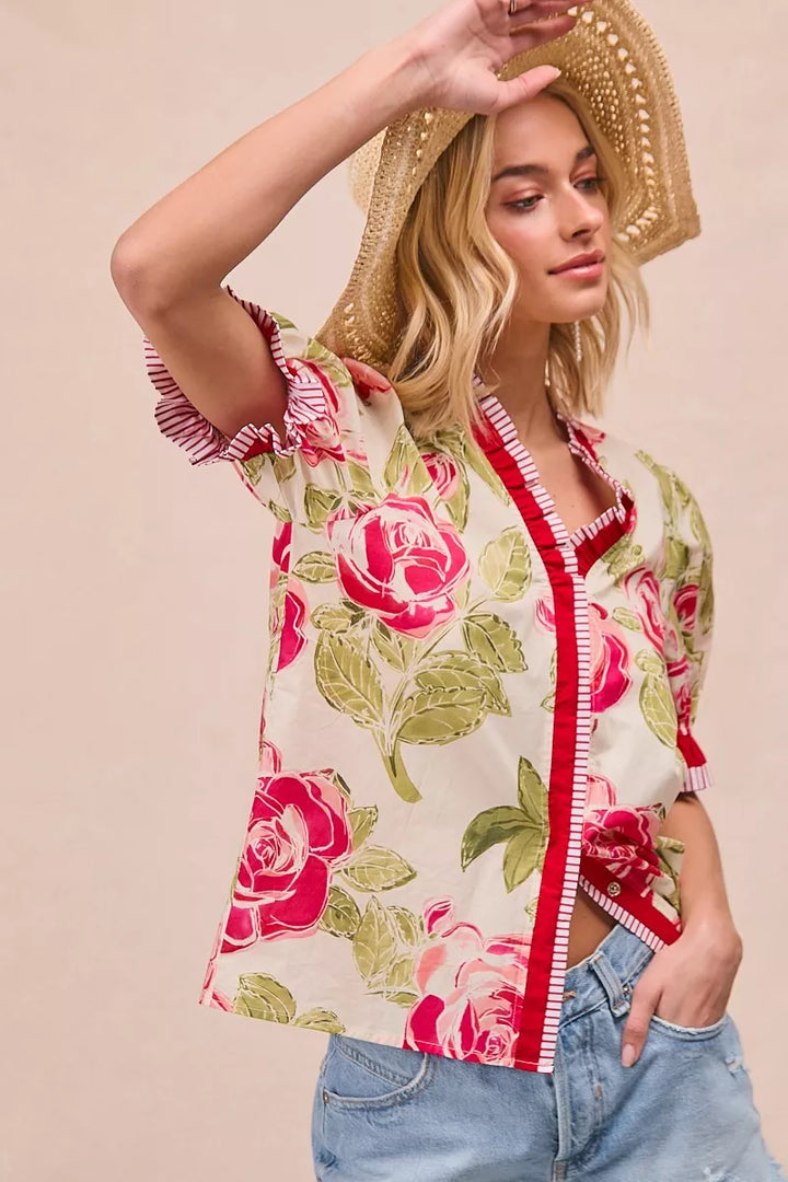 Floral rose cotton blouse with contrast trim and ruffle cuffs