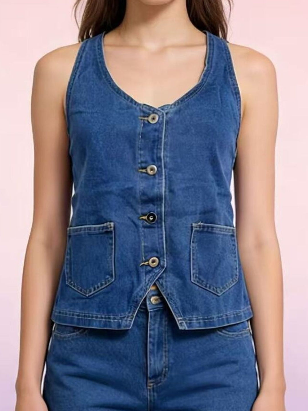 Halter neck button-down denim vest with patch pockets