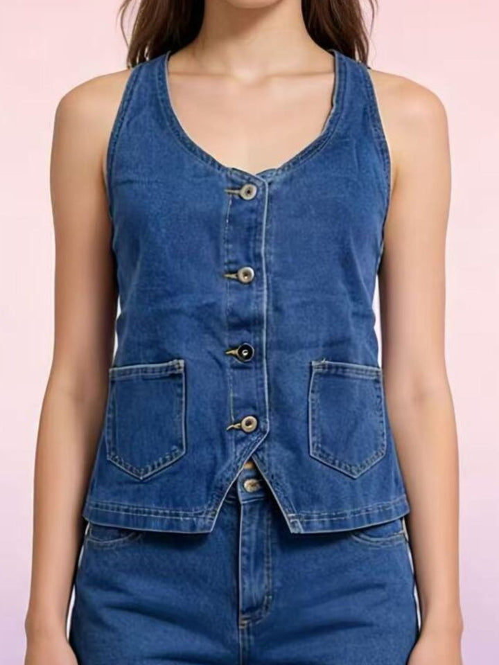 Halter neck button-down denim vest with patch pockets