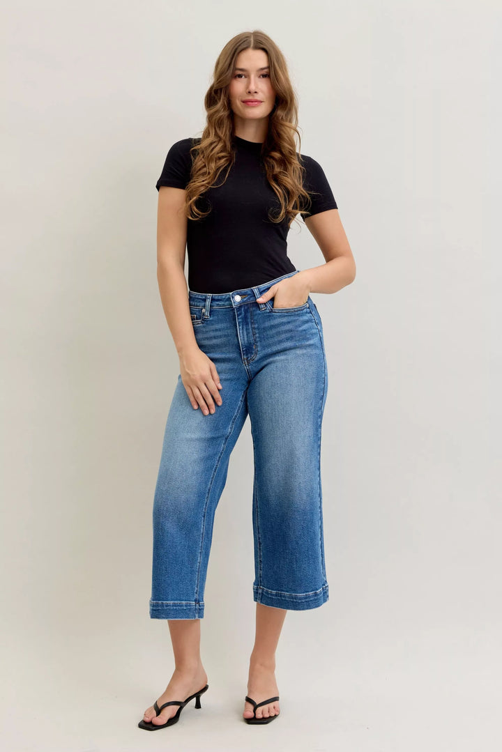 Judy Blue mid-rise crop wide-leg jeans with cuffed hem