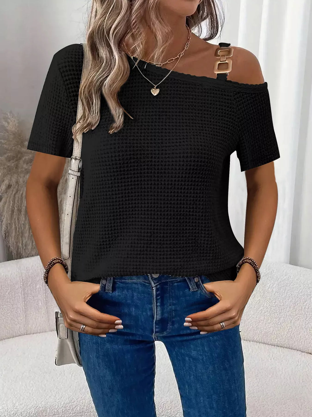 One-shoulder waffle knit top with chain-link strap detail