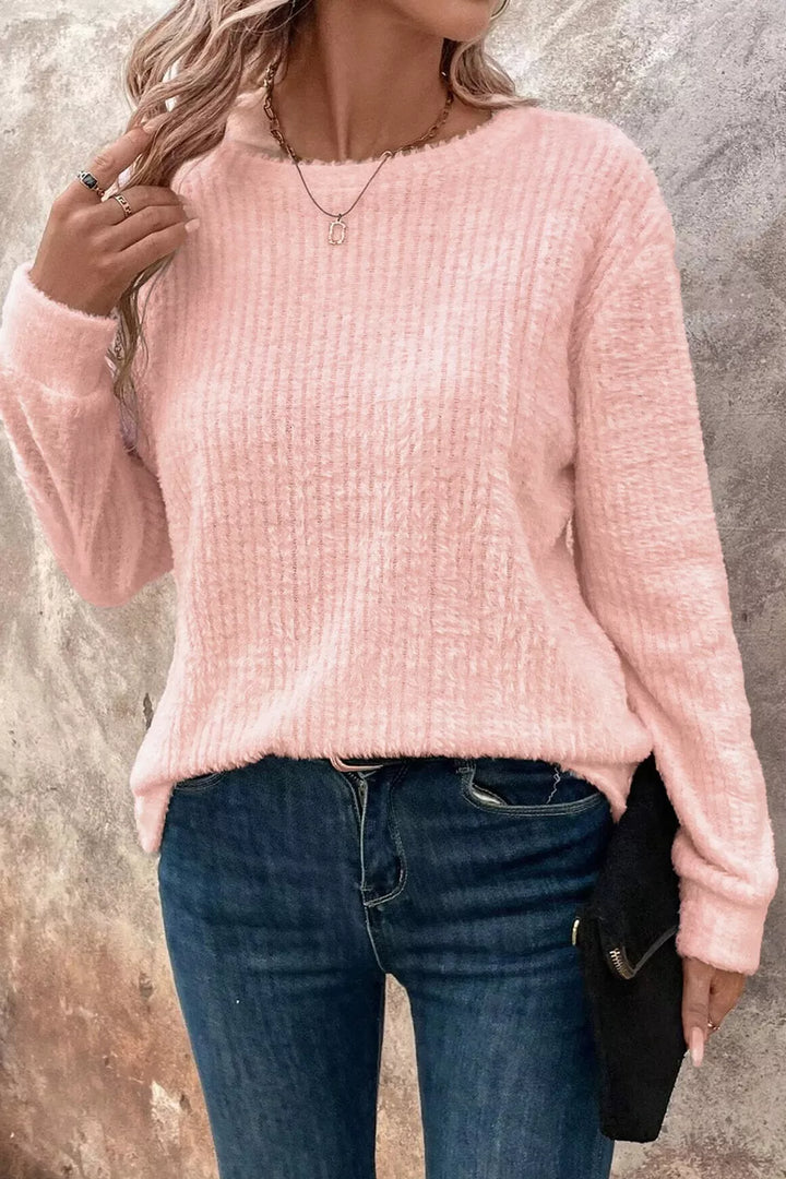 Fuzzy ribbed knit round neck long sleeve top