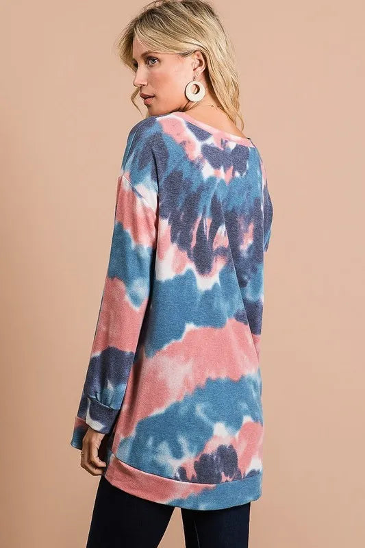 Tie-dye French terry pullover with front stitch detail