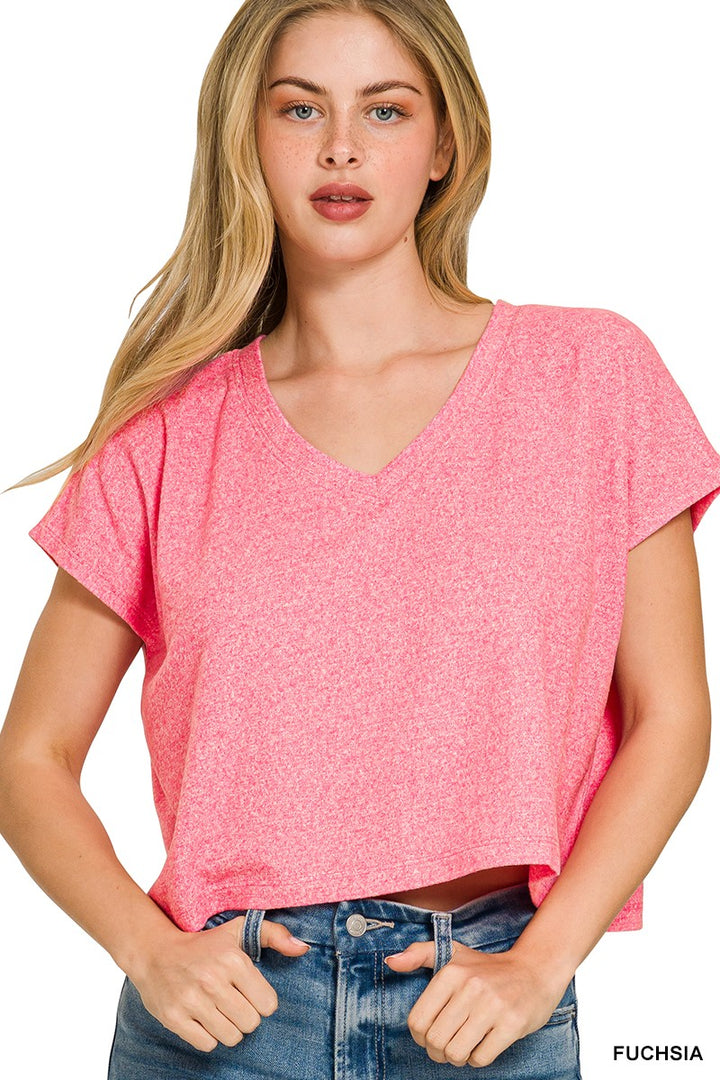 FUCHSIA Melange V-neck drop-shoulder cropped tee