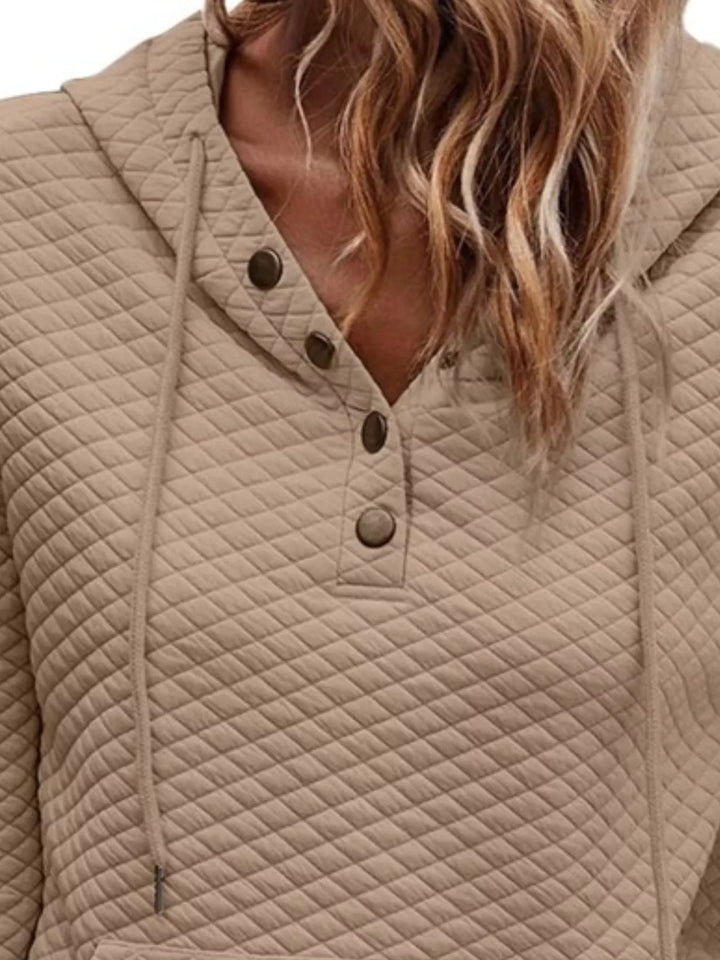 Diamond-textured drawstring pullover hoodie with button placket