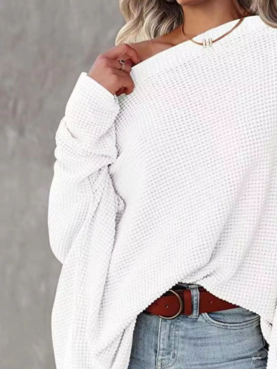 Oversized waffle-knit boat neck long sleeve top