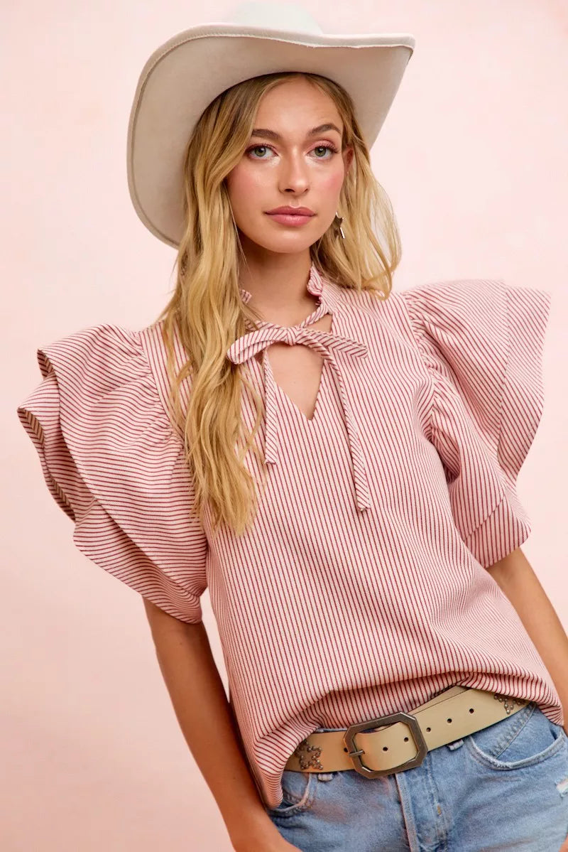 Striped tie-neck blouse with tiered ruffle sleeves
