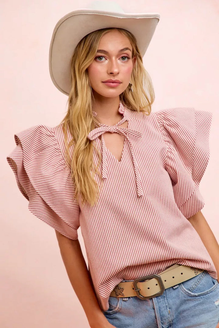 Striped tie-neck blouse with tiered ruffle sleeves