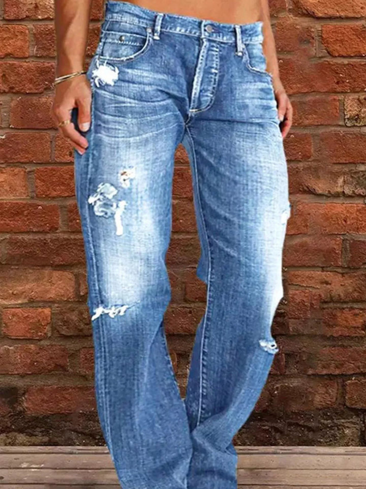 Blue Distressed straight-leg jeans with raw frayed hem