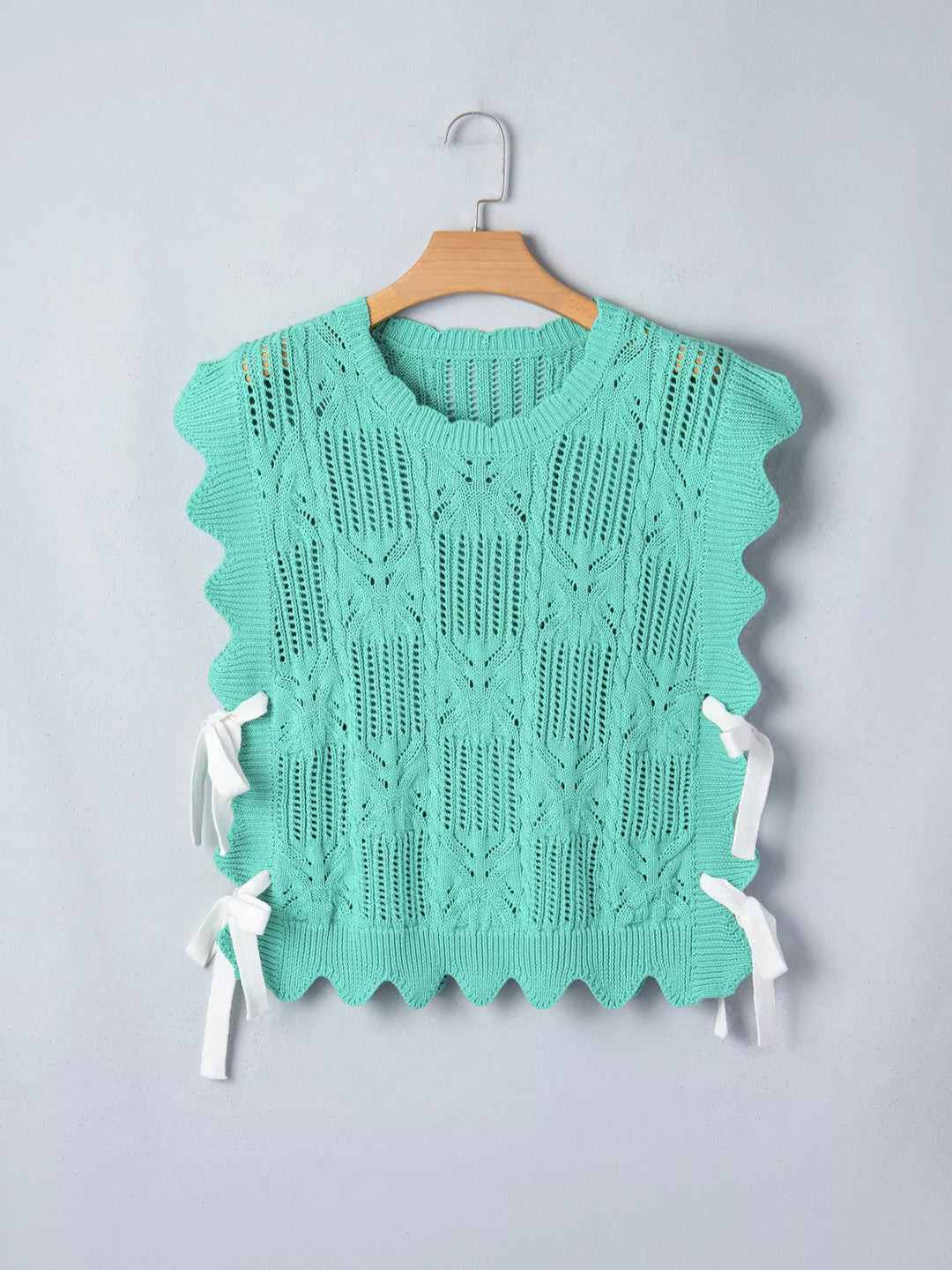 Pointelle openwork knit crop top with scalloped trim