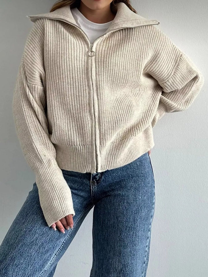 Tan Chunky two-way zip sweater jacket with foldover collar