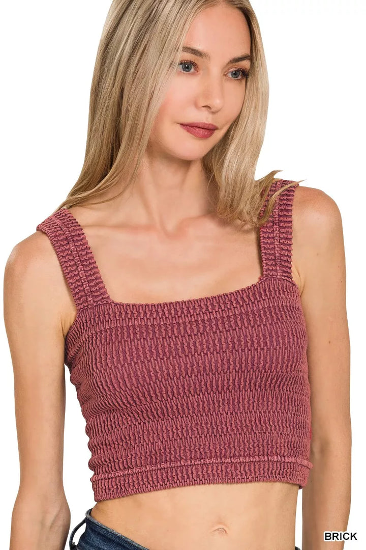 Seamless stone washed square-neck crop tank top