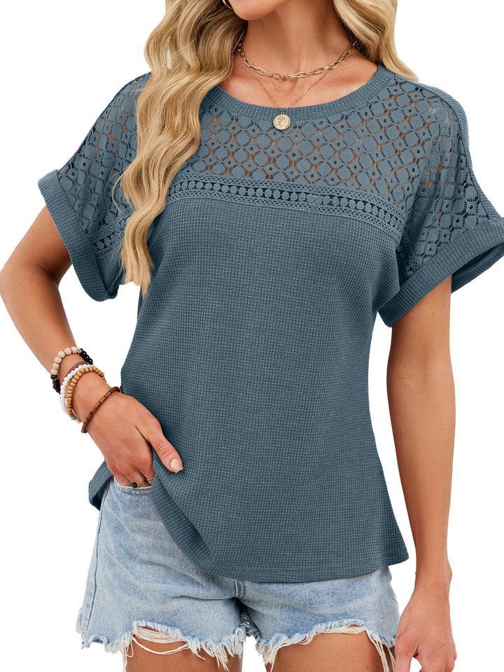 Blue Gray Crochet lace yoke waffle knit short sleeve top