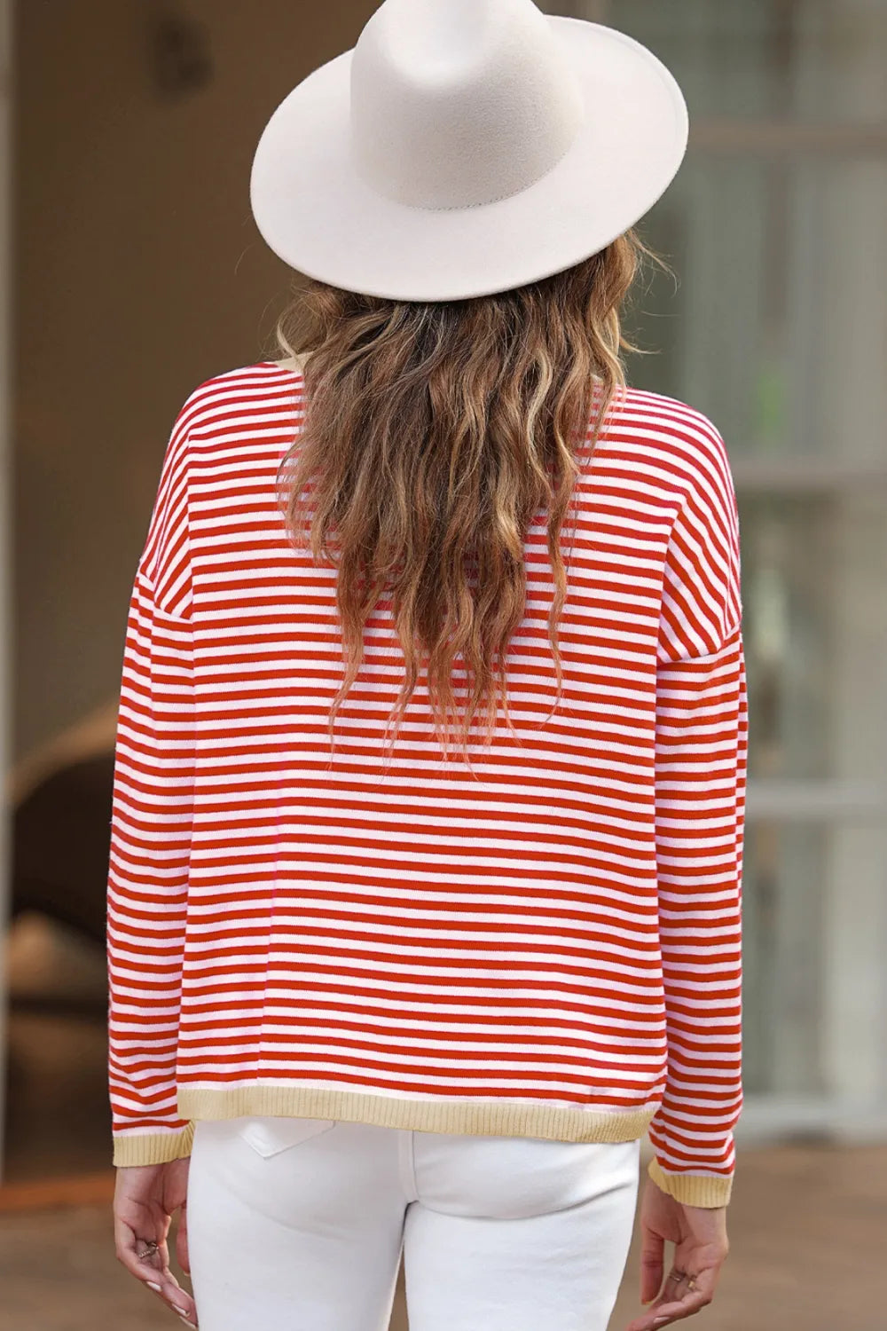 Contrast-trim striped drop-shoulder long sleeve knit top