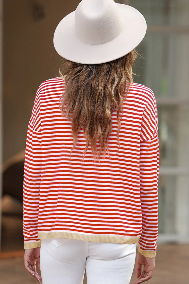 Contrast-trim striped drop-shoulder long sleeve knit top