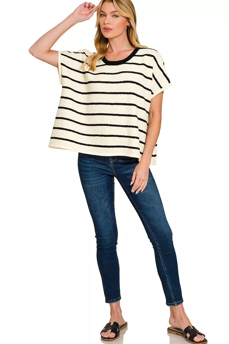 Striped oversized short-sleeve knit sweater top