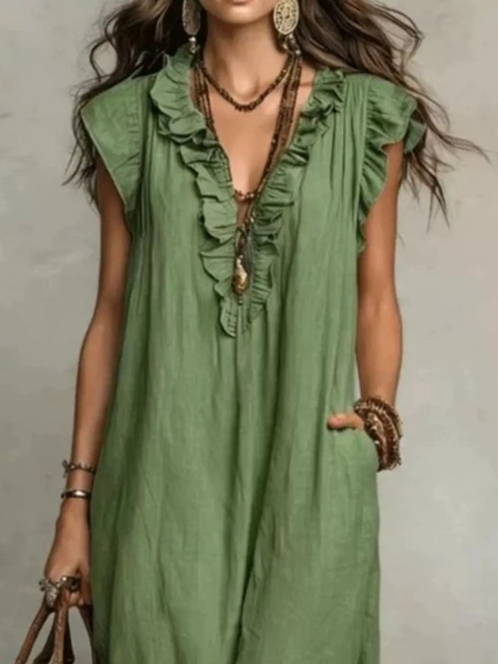 Ruffled v-neck cap sleeve maxi dress with side pockets