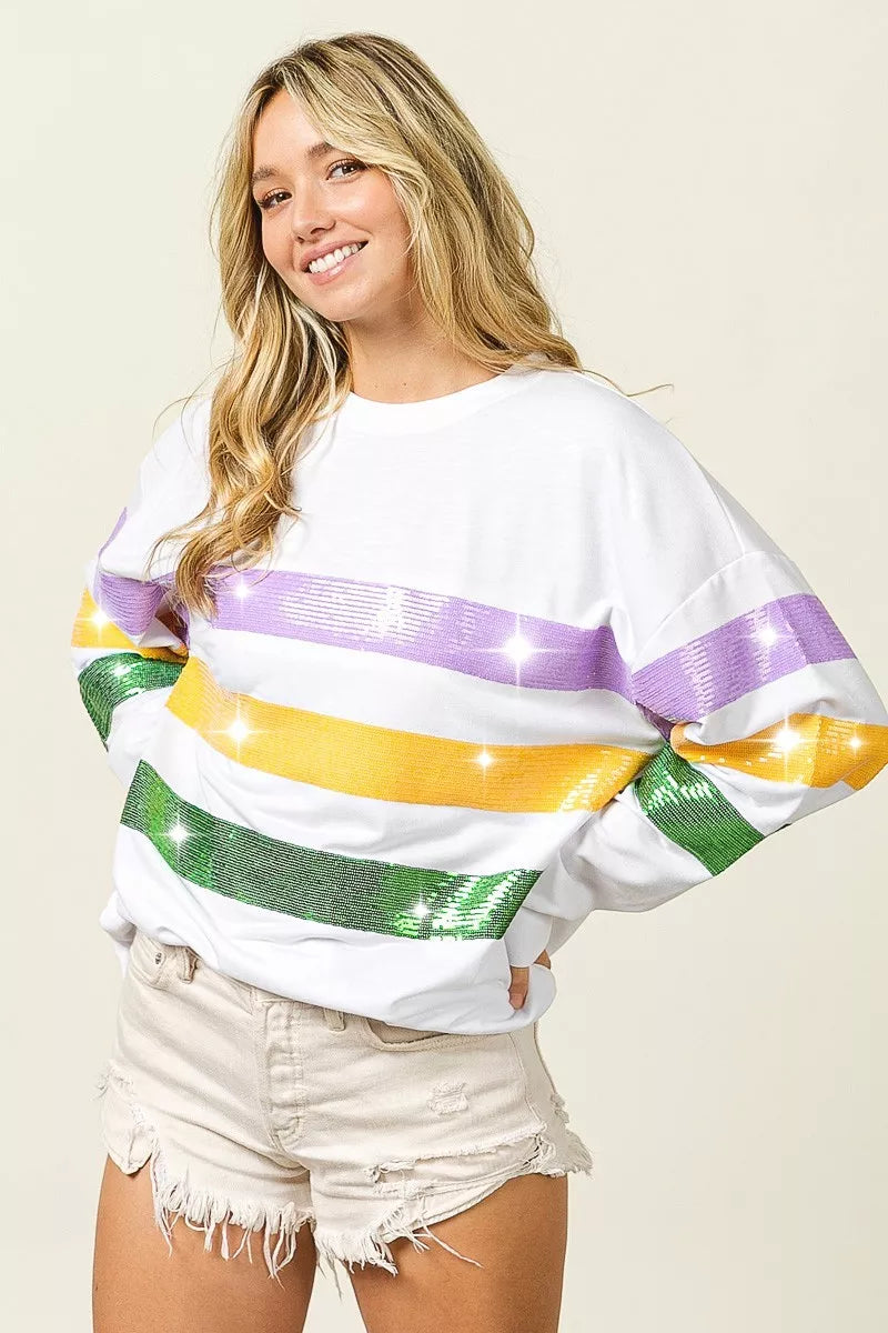Sequin stripe Mardi Gras crewneck sweatshirt