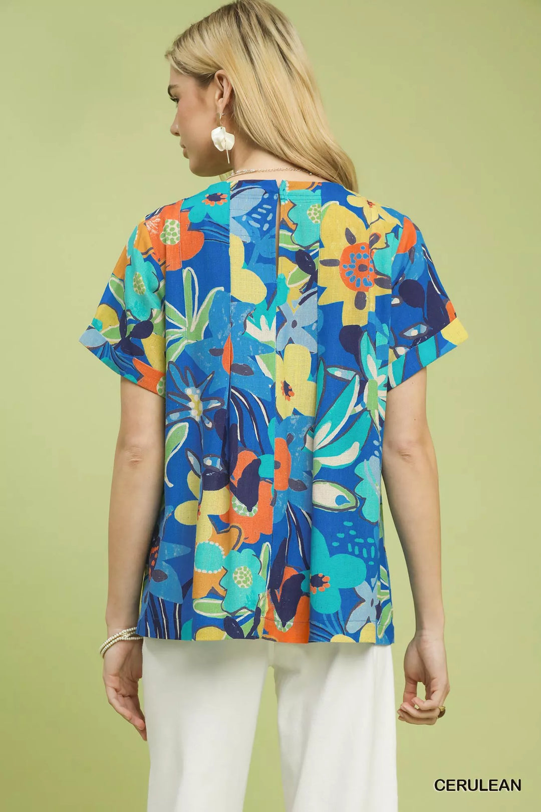 Abstract floral pleated blouse with keyhole back