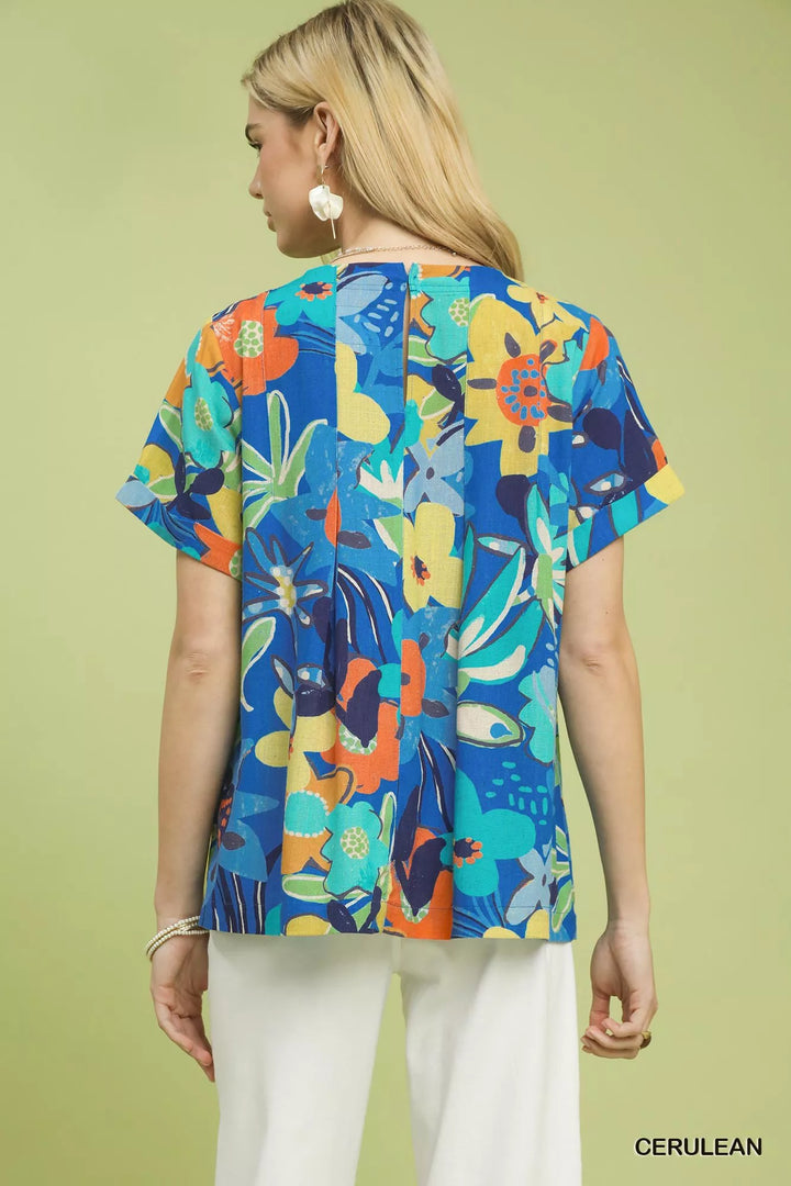 Abstract floral pleated blouse with keyhole back