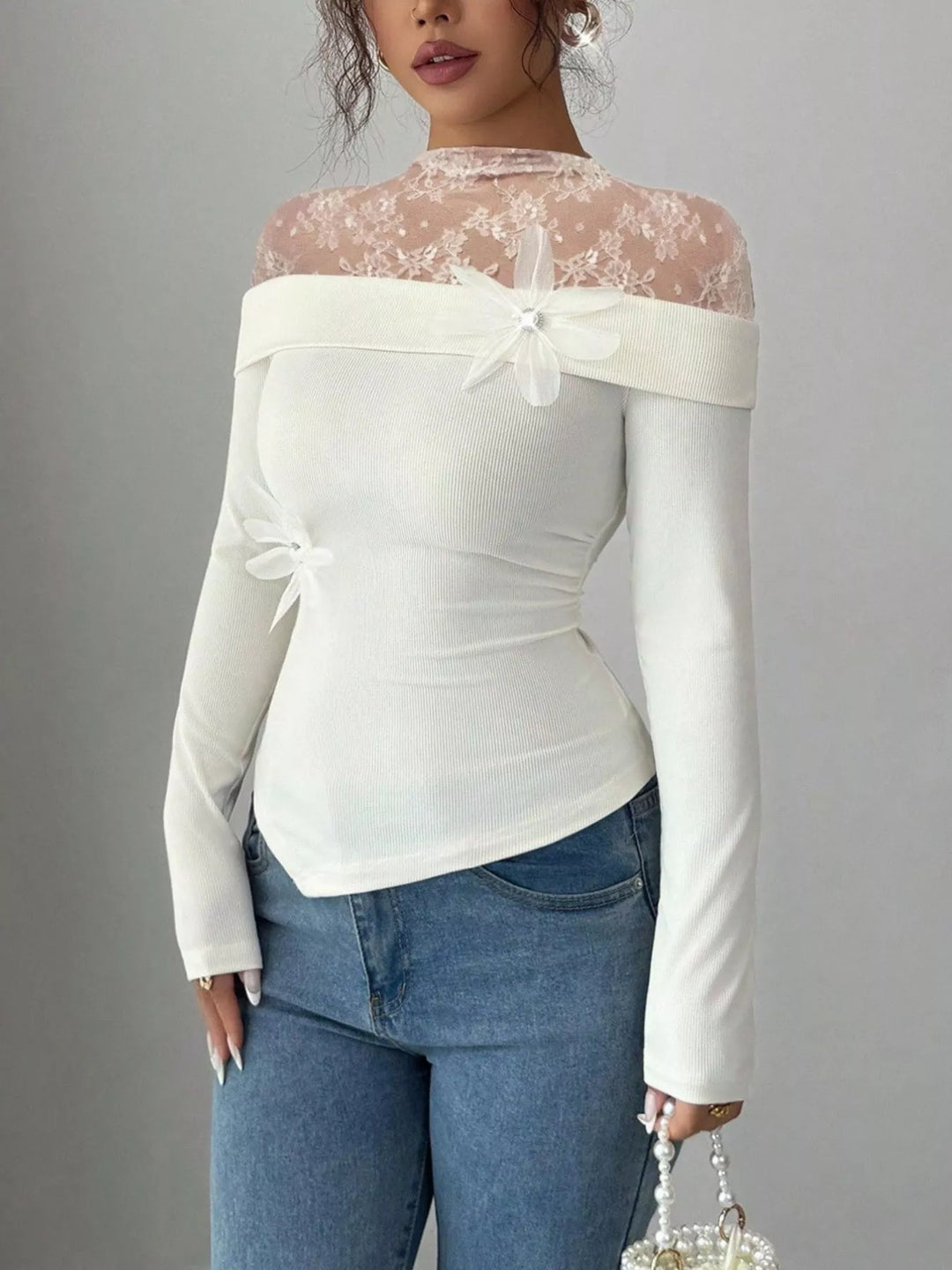 White Sheer lace yoke long sleeve fitted top with flower trim