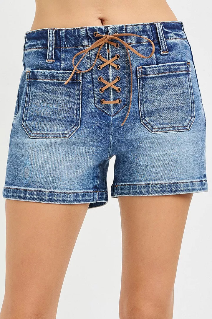 MEDIUM High-rise lace-up denim shorts with patch pockets