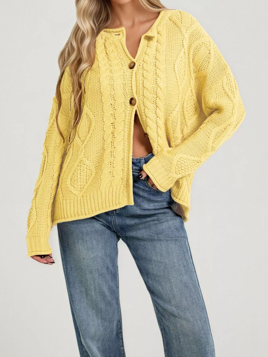 Yellow Cable-knit button-down cardigan with ribbed trim