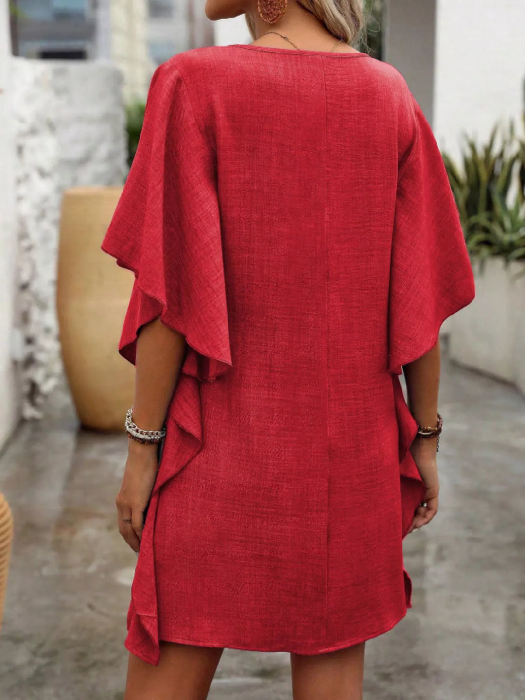 Flutter sleeve V-neck mini dress in textured weave