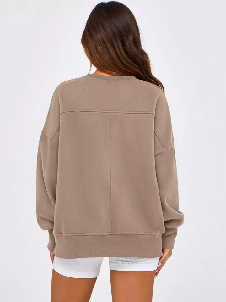 Side slit drop-shoulder relaxed crewneck sweatshirt