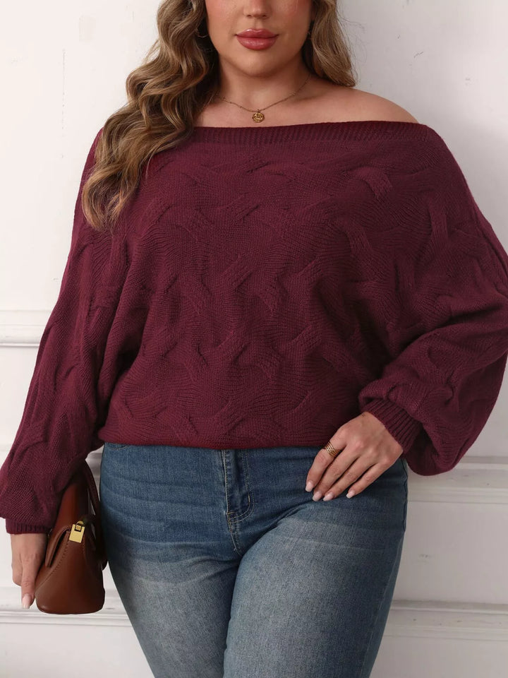 Burgundy Textured cable knit off-shoulder sweater with batwing sleeves