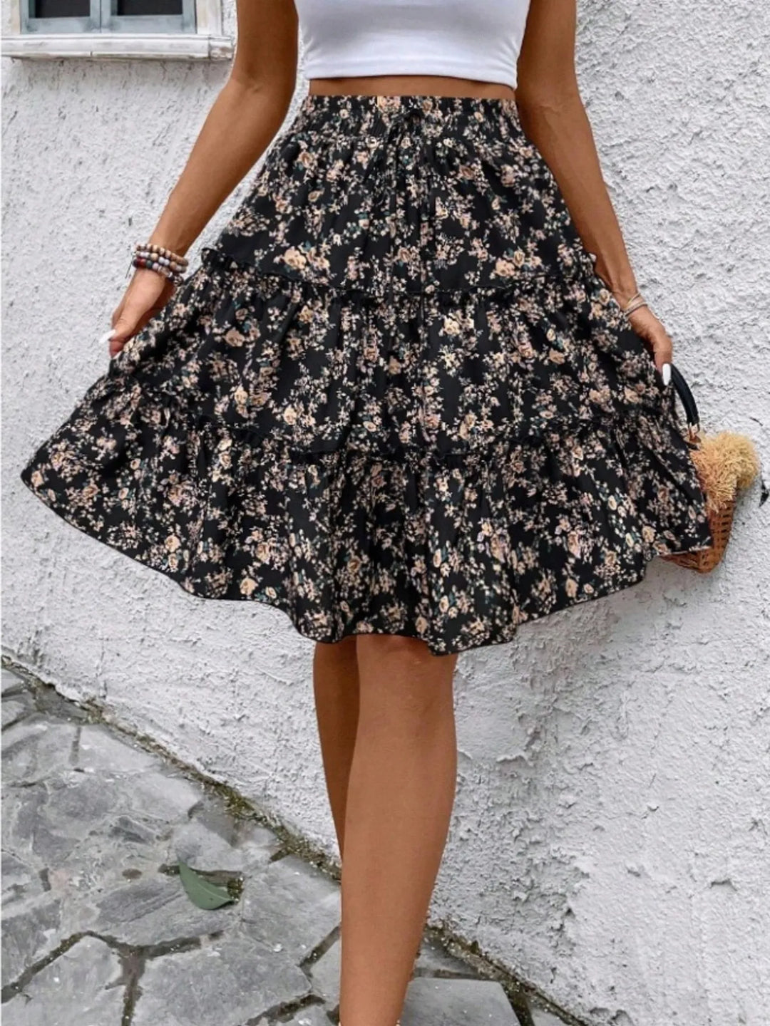 Floral print tiered ruffle mini skirt