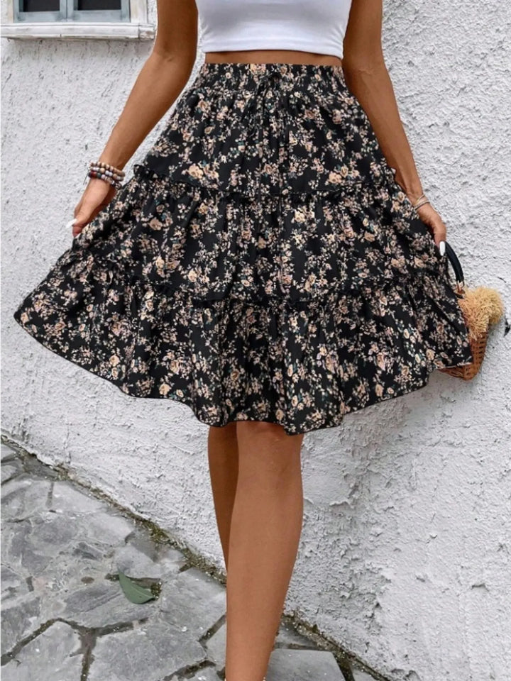 Floral print tiered ruffle mini skirt