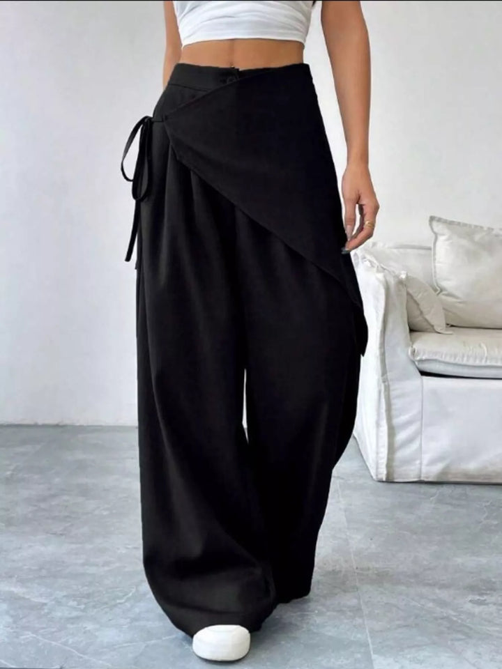 High-rise wrap-front wide-leg pants with drawstring tie