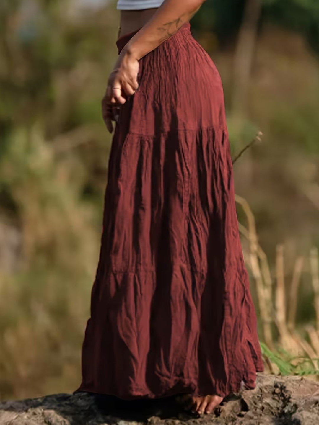 Tiered boho maxi skirt with smocked waistband